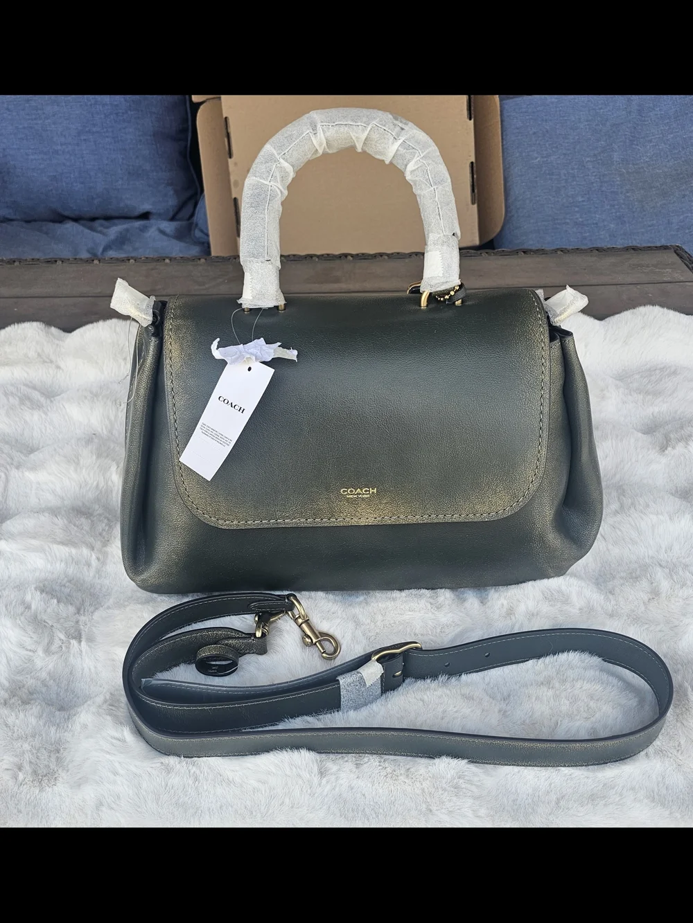 COACH Dark Green Loved Leather Rogue Top-Handle Satchel Brand NWT